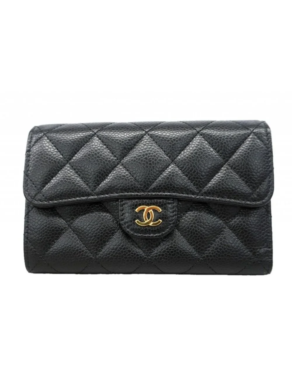 Chanel Trifold Wallet Quilted Caviar Leather Black Gold